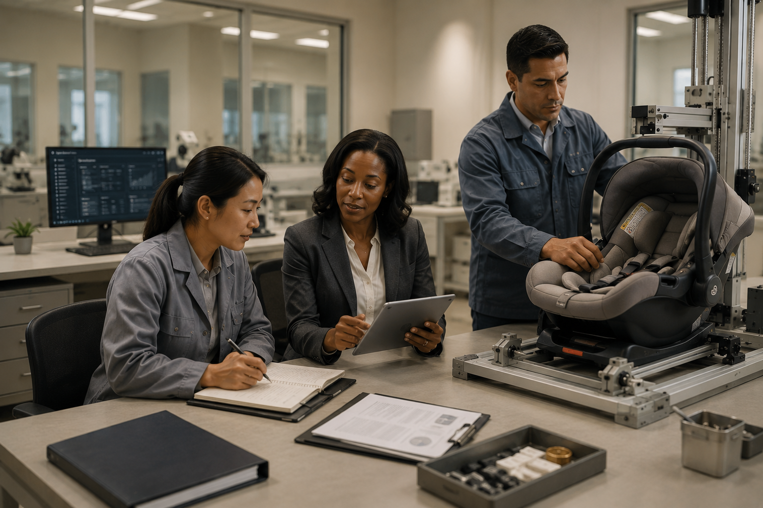 A qualified human reviewer, quality specialist, and product-safety engineer collaboratively evaluating an infant car seat during a bounded Phase 1 product-safety review.